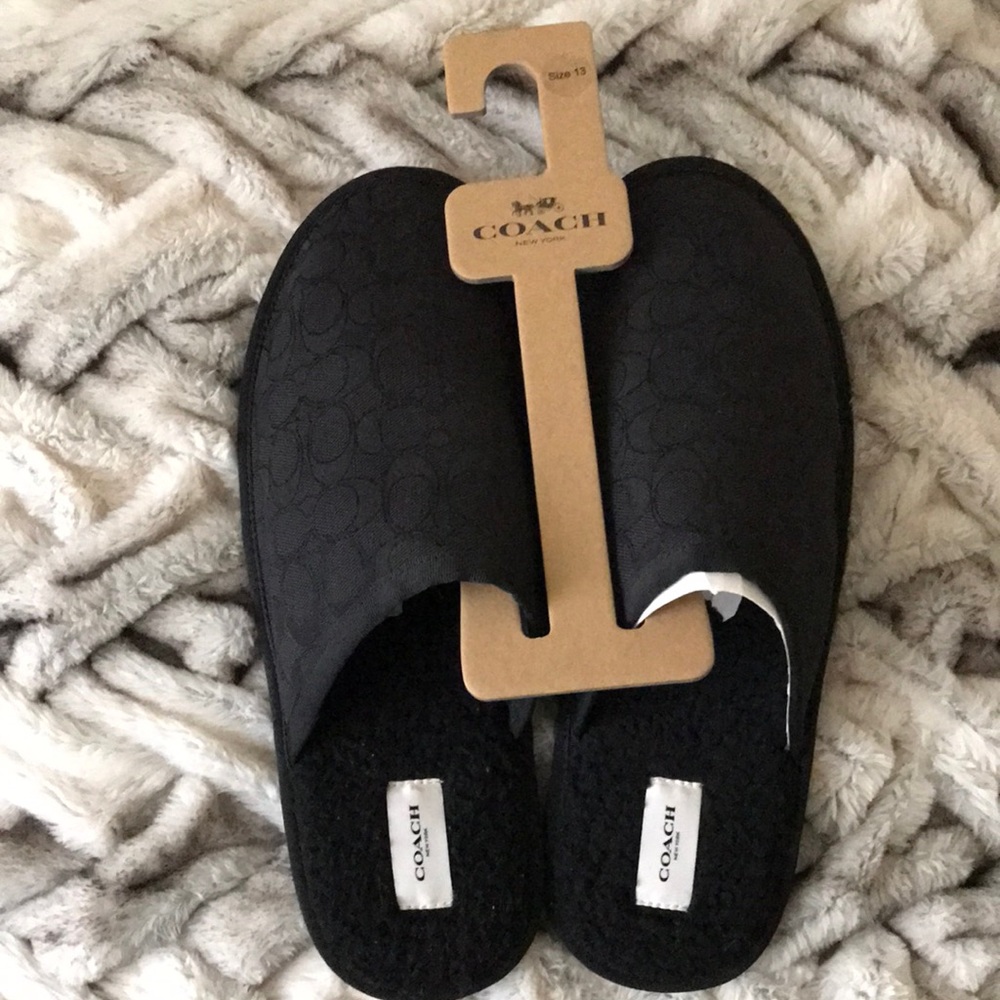 Coach mens black faux fur slippers